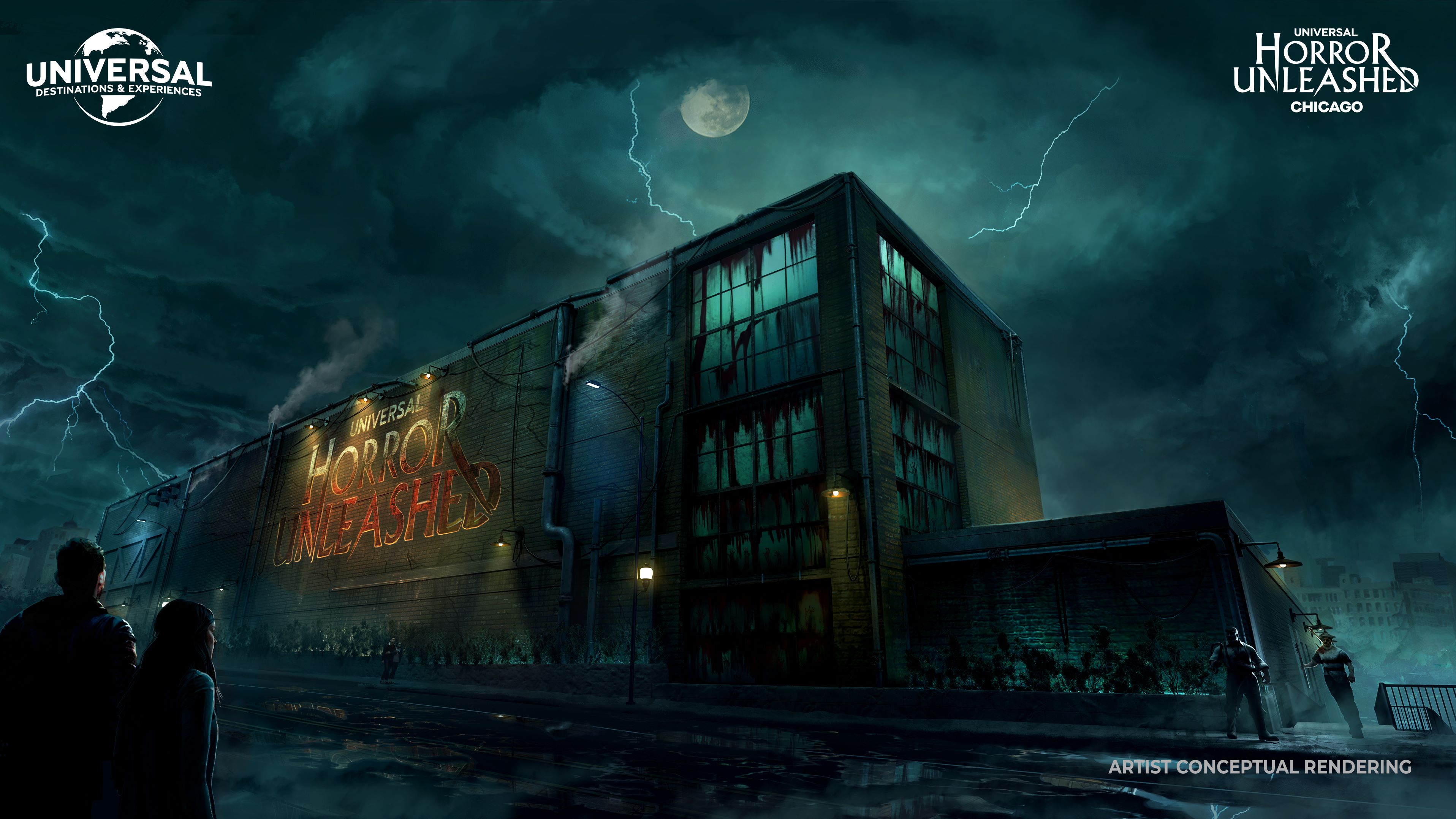 Graphic: artist conceptual rendering spooky building with "Universal: Horror Unleashed" Design on the side.